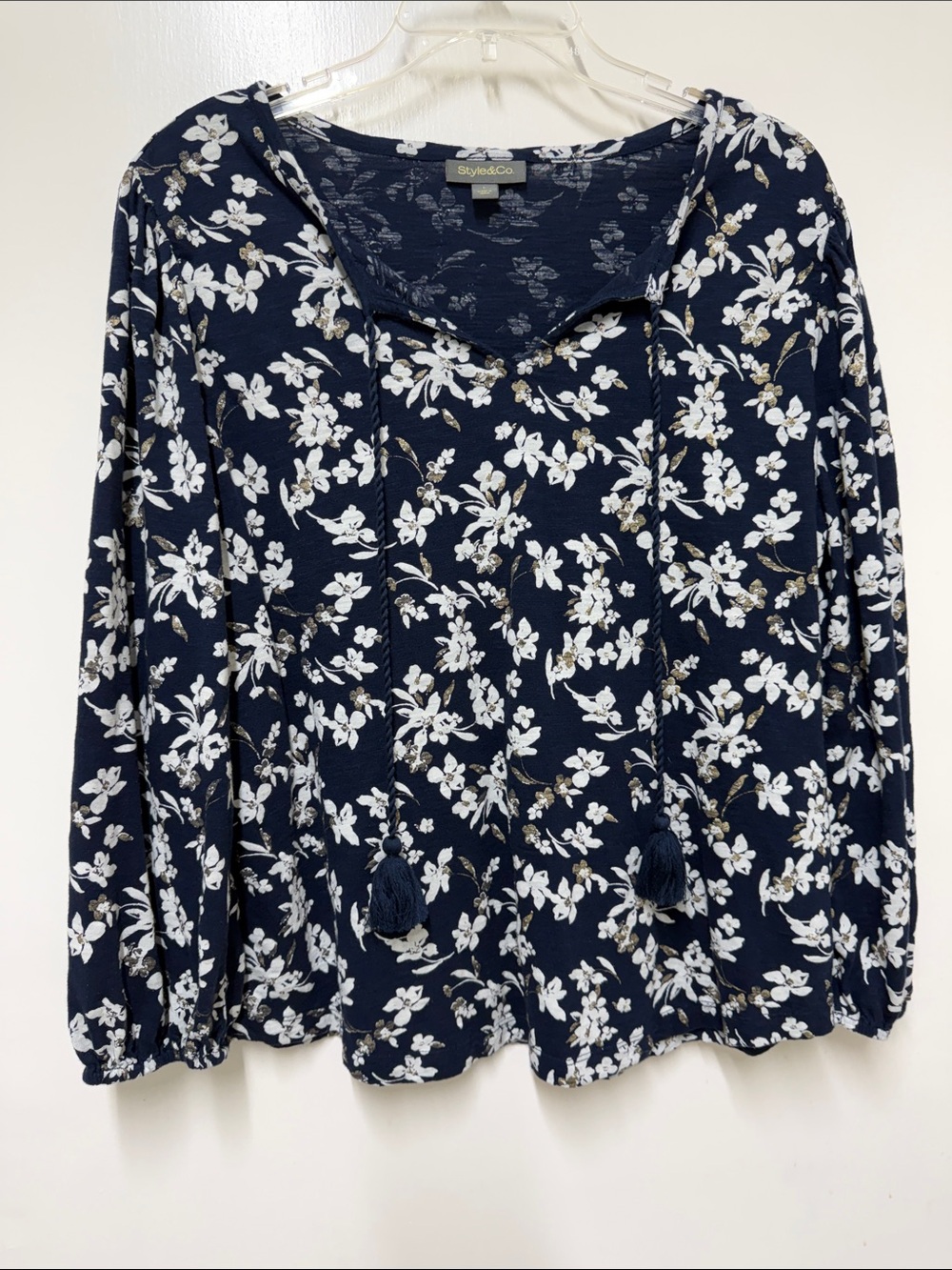 Style & Co. Navy and White Floral Tie-Front Long Sleeve Tunic